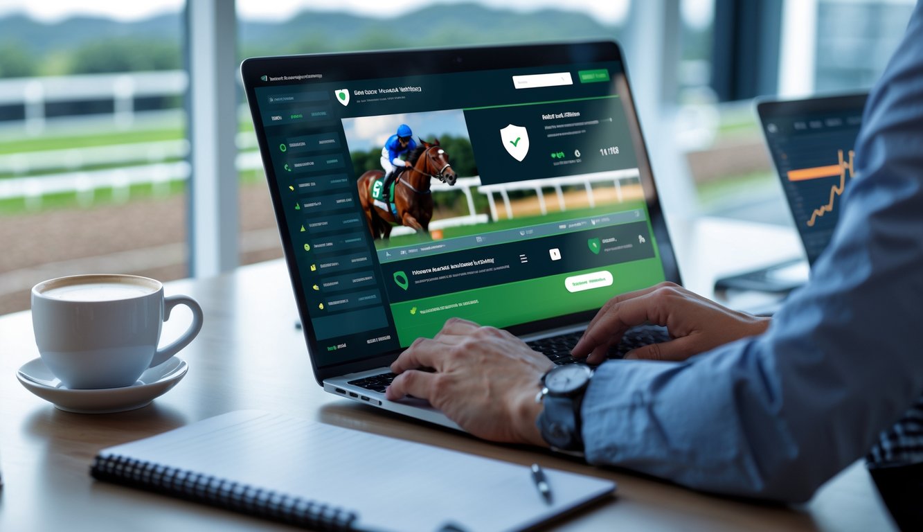 Seseorang sedang menggunakan laptop di meja kerja dengan tampilan antarmuka taruhan balap kuda yang aman dan terpercaya.