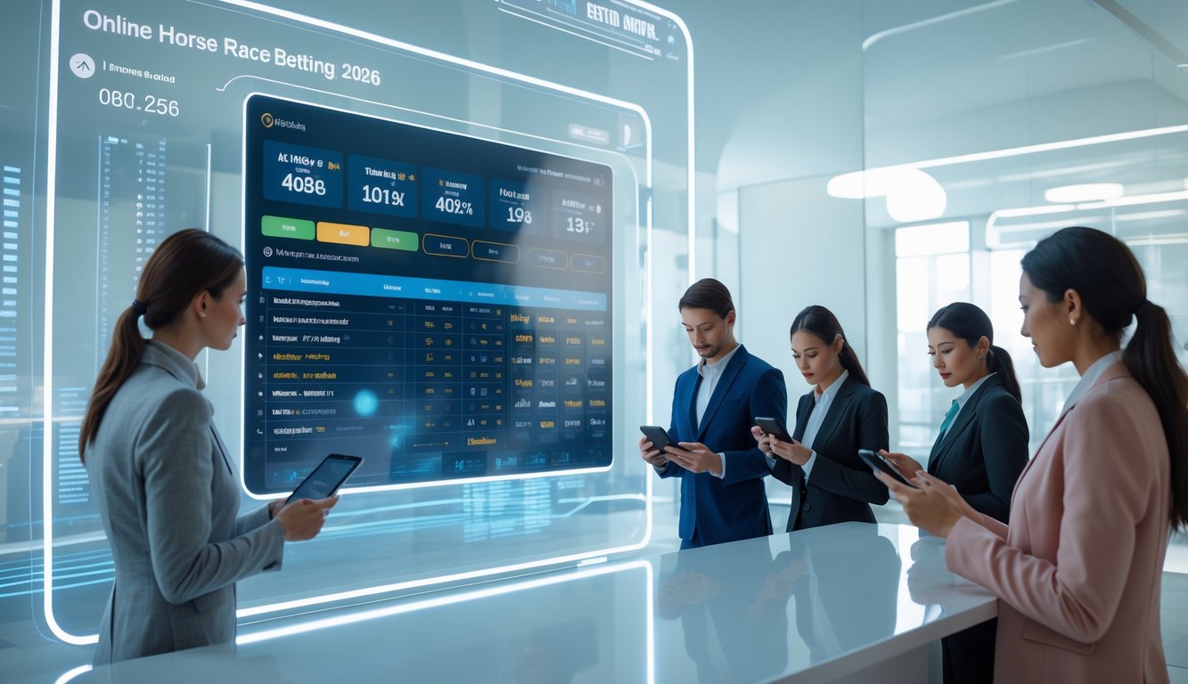 Orang-orang menggunakan perangkat digital untuk bertaruh pada balap kuda secara online dengan tampilan data balapan dan teknologi modern di latar belakang.