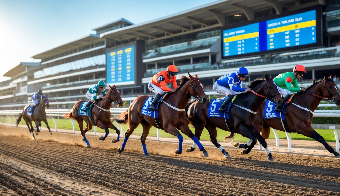 Suasana balap kuda dengan beberapa kuda dan joki berlari di lintasan, serta orang-orang yang sedang memasang taruhan menggunakan perangkat digital.