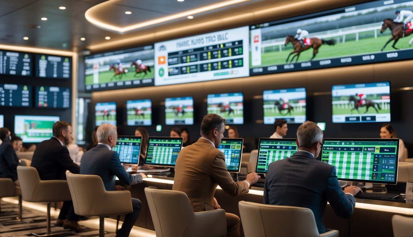 Sejumlah orang sedang memasang taruhan balap kuda di ruang taruhan modern dengan layar besar yang menampilkan balapan kuda secara langsung.
