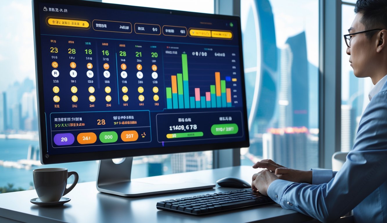 Seseorang sedang menggunakan komputer dengan tampilan permainan lotere online dan pemandangan kota Macau di latar belakang.