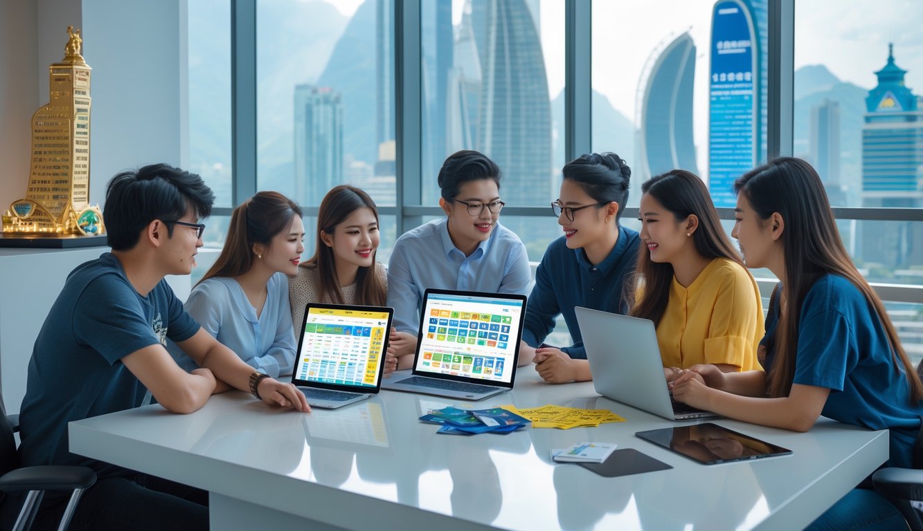 Sekelompok orang muda sedang berdiskusi serius di kantor dengan perangkat elektronik, di latar belakang terlihat model menara Macau.