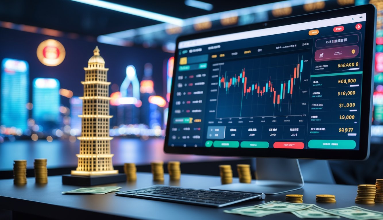 Meja kerja modern dengan komputer menampilkan platform taruhan togel, dihiasi dengan miniatur landmark Macau dan suasana kota di latar belakang.