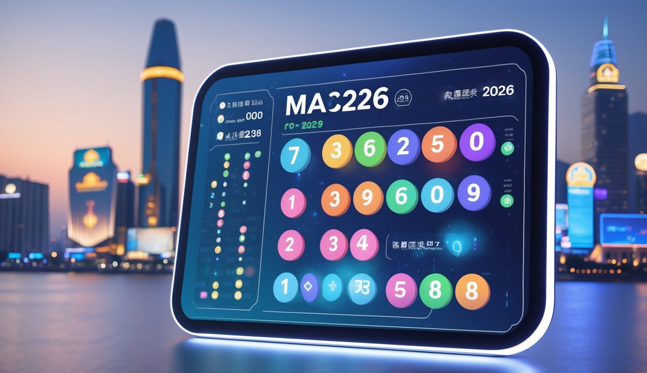 Antarmuka digital modern menampilkan angka togel dan grafik perubahan dengan latar belakang cakrawala kota Macau dan kasino ikonik.