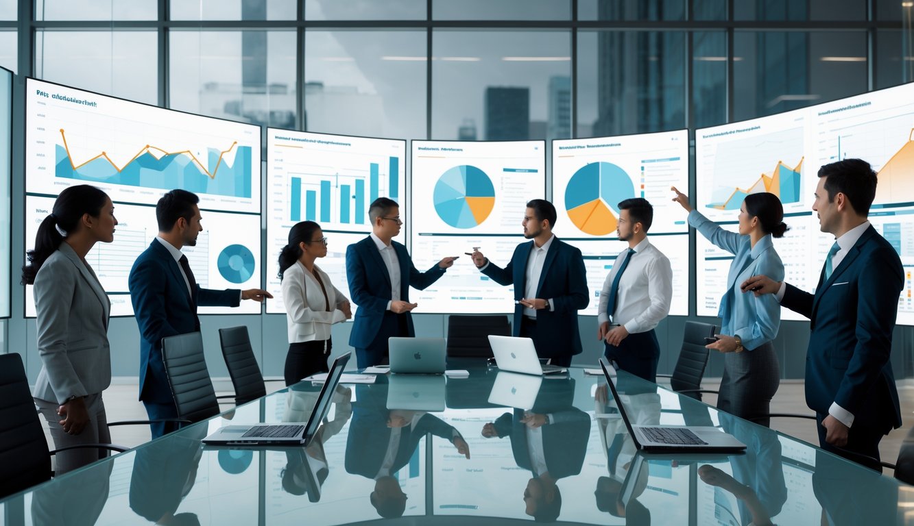 Sekelompok orang sedang berdiskusi dan menganalisis data pasar di ruang konferensi modern dengan layar digital besar.