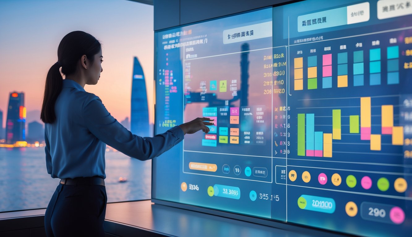 Seorang pria menggunakan layar sentuh digital dengan latar belakang pemandangan kota Macau pada sore hari.