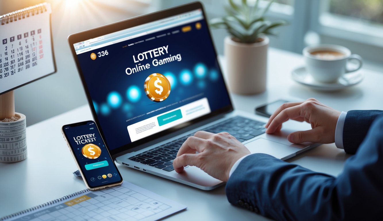 Meja kerja dengan laptop dan ponsel yang menampilkan aplikasi lotere, tangan seseorang sedang menggunakan perangkat tersebut.