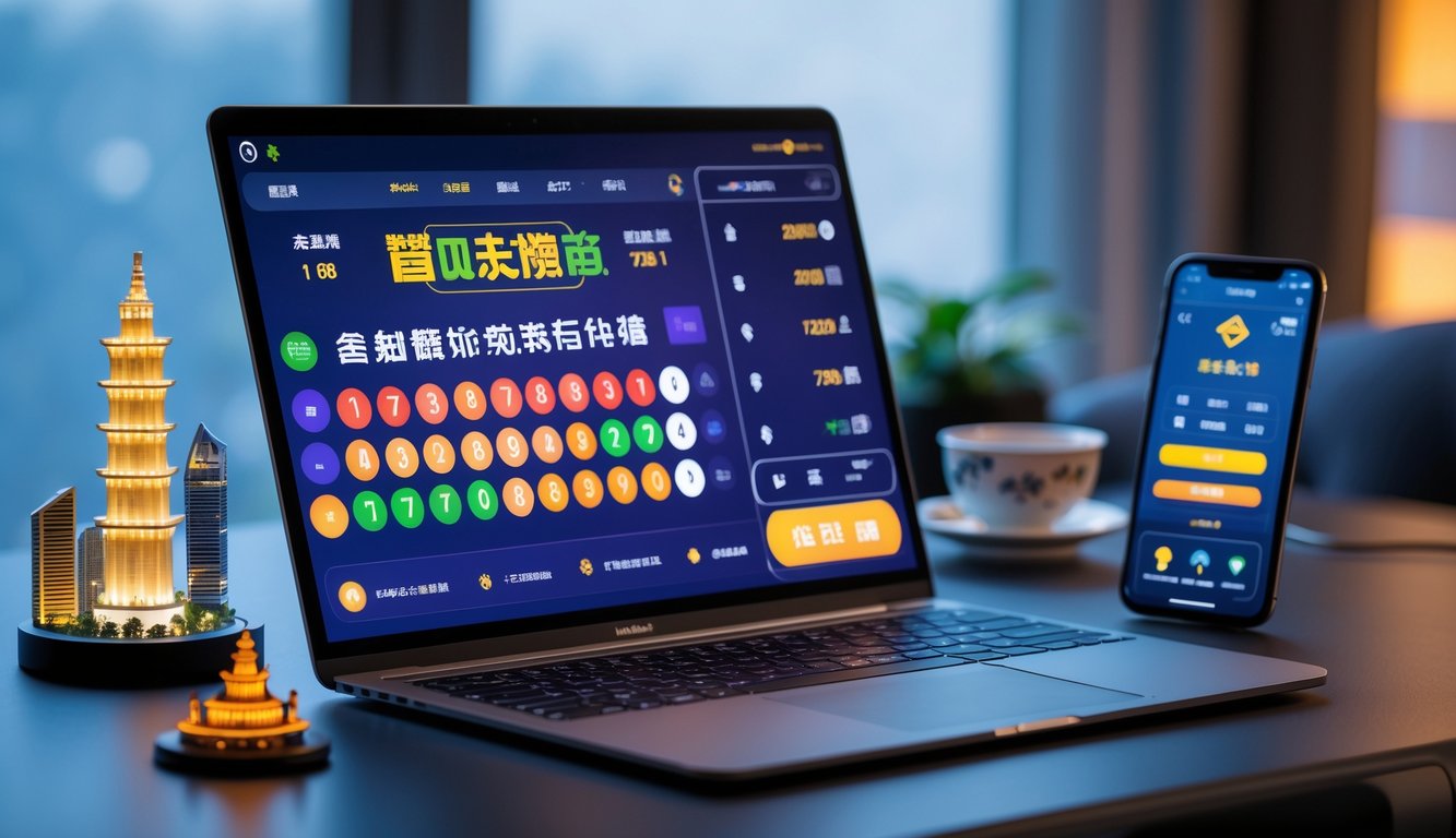 Seorang pria menggunakan laptop dengan layar menampilkan antarmuka lotere digital, di meja terdapat miniatur landmark Macau dan ponsel dengan aplikasi taruhan.