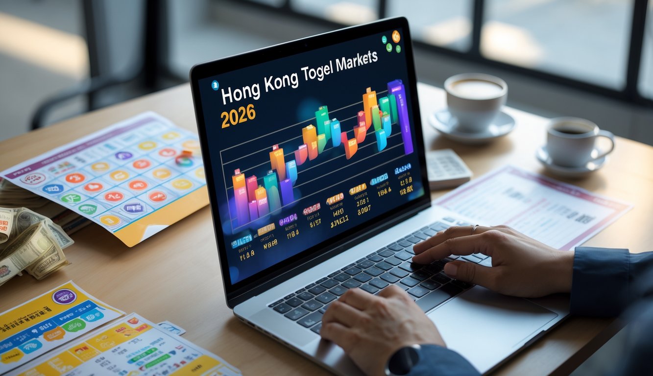 Meja kerja modern dengan komputer yang menampilkan grafik dan angka terkait pasar togel resmi Hong Kong tahun 2026, dengan tangan seseorang menggunakan mouse di dekat tiket lotre dan dokumen resmi.