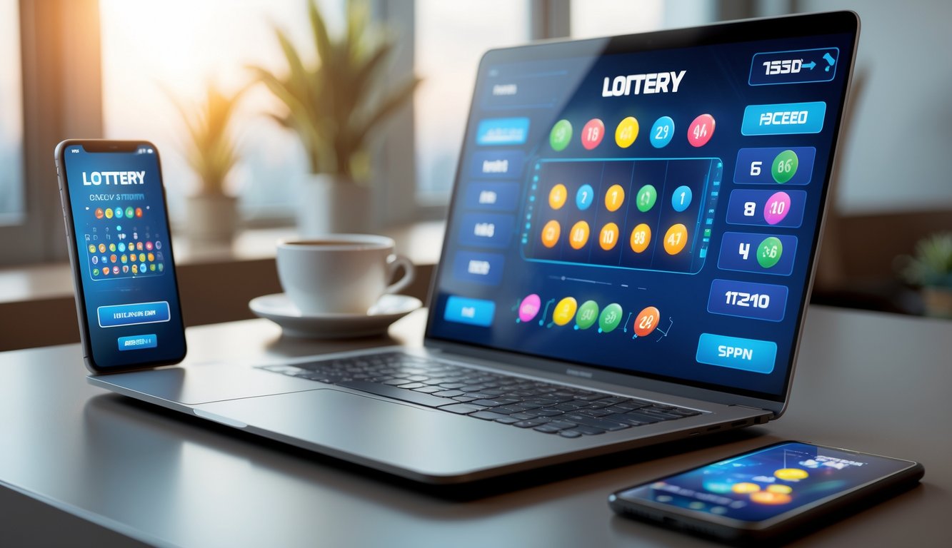 Seorang pria menggunakan laptop di meja dengan tampilan antarmuka lotre digital, dikelilingi oleh ponsel dan cangkir kopi di ruang kerja yang rapi.