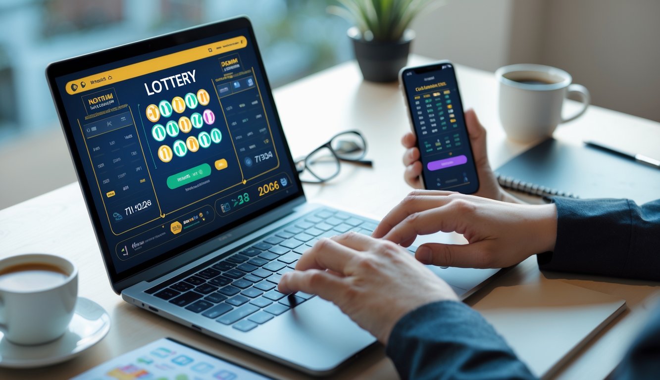 Seseorang menggunakan laptop dan ponsel di meja kerja yang rapi dengan tampilan antarmuka permainan togel online.