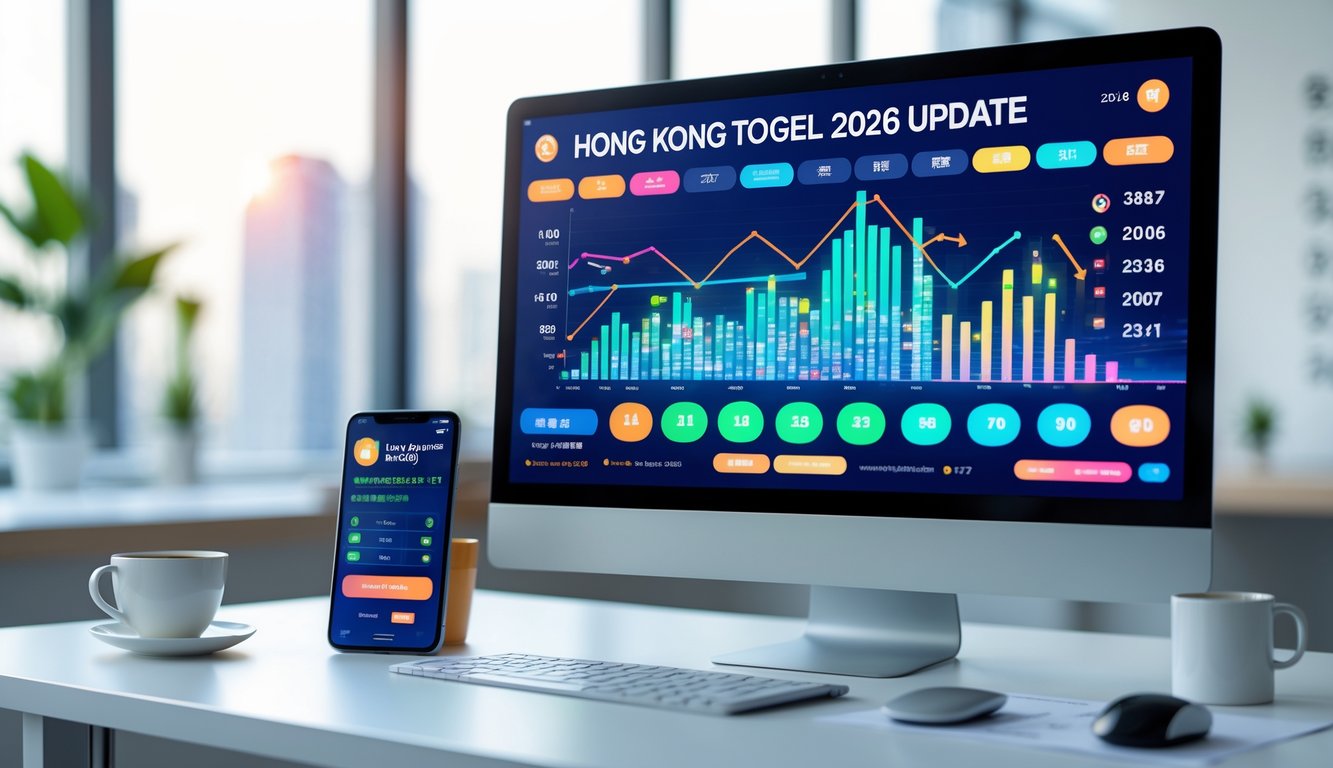 Meja kerja modern dengan layar komputer menampilkan grafik dan angka hasil togel Hong Kong, dikelilingi peralatan kantor dan ponsel dengan aplikasi togel.