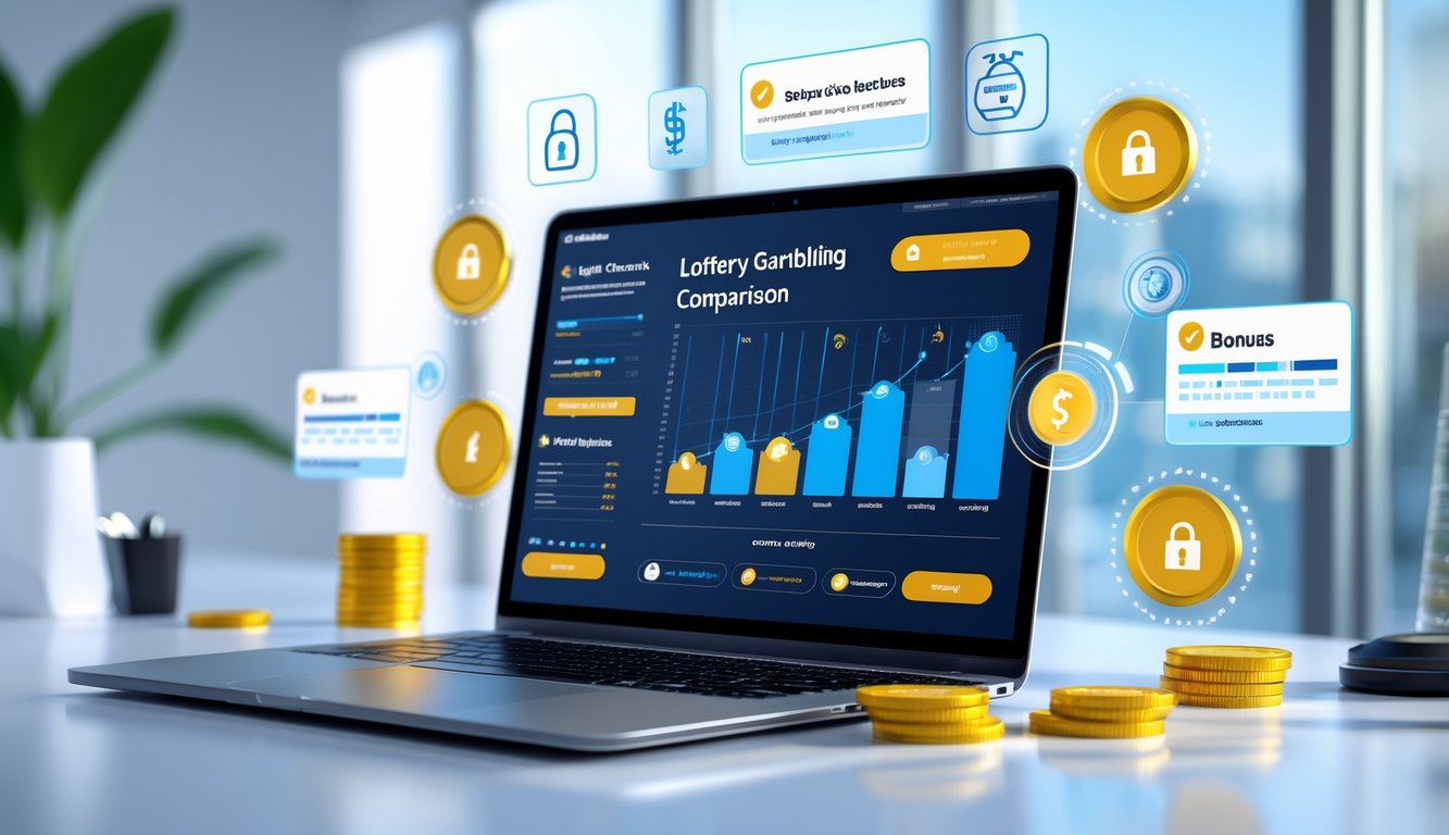 Seorang profesional sedang membandingkan fitur, bonus, dan keamanan situs judi togel di depan laptop di ruang kerja modern.