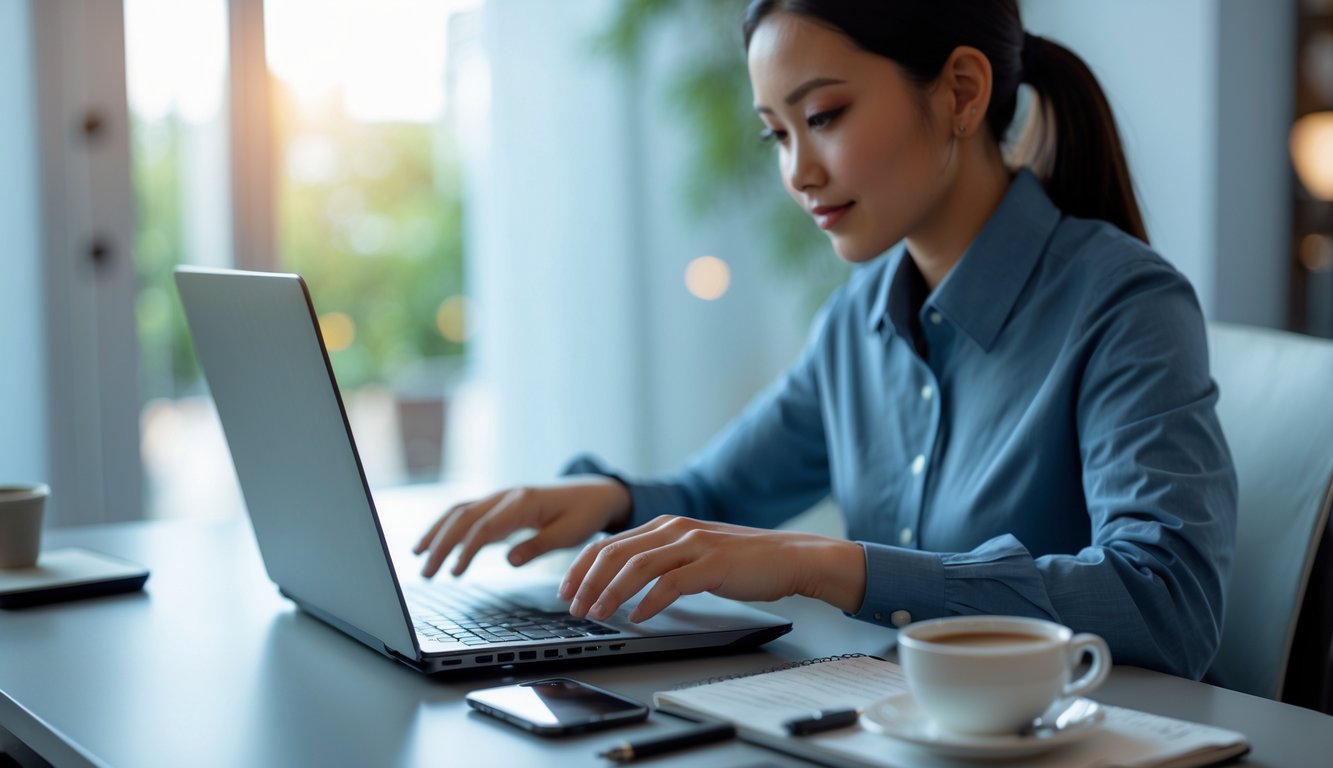 Seorang orang Indonesia sedang menggunakan laptop di meja kerja modern dengan suasana ruangan yang terang dan nyaman.