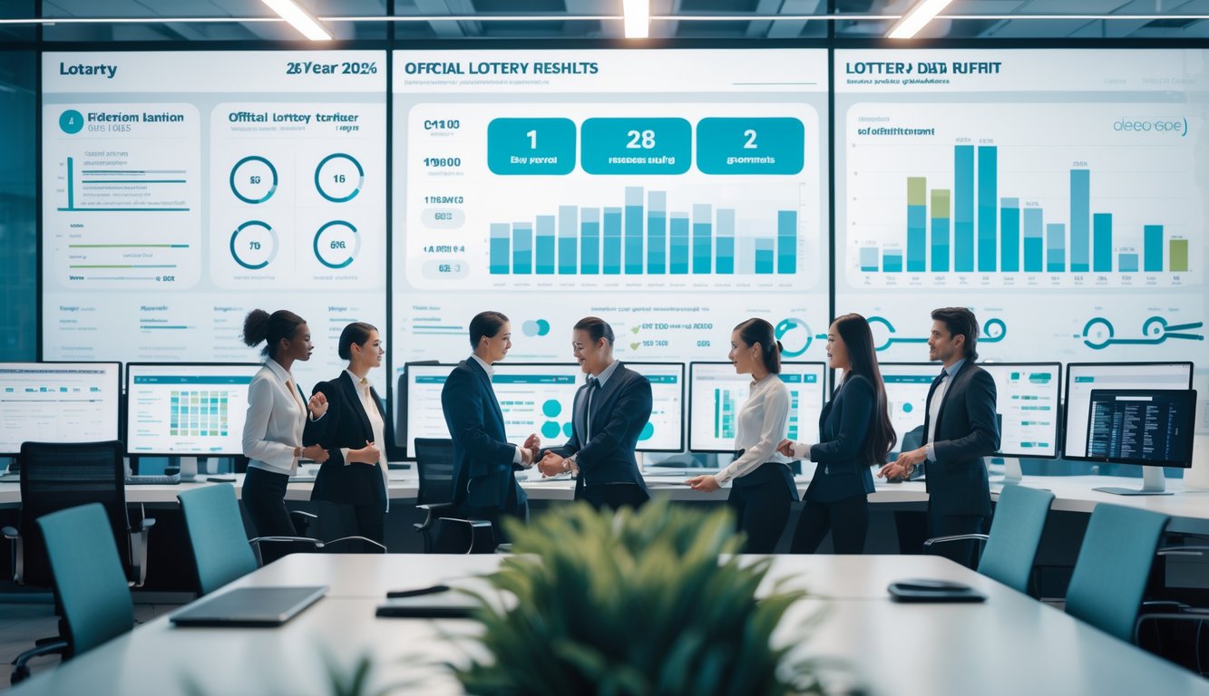 Sejumlah profesional bekerja bersama di kantor modern dengan layar digital menampilkan data dan grafik hasil keluaran togel resmi tahun 2026.