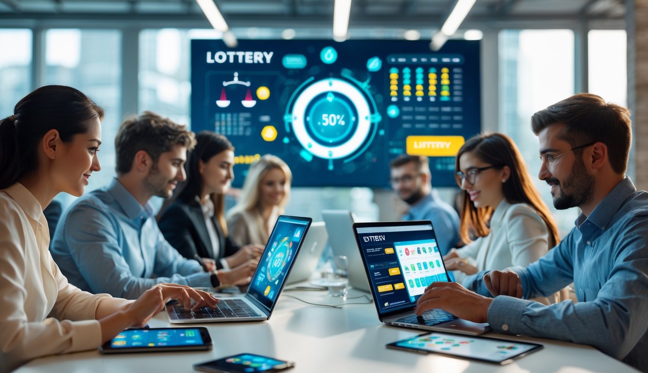 Sekelompok orang muda menggunakan perangkat digital di kantor modern yang terang, fokus pada permainan togel online dengan suasana kerja sama dan kepercayaan.