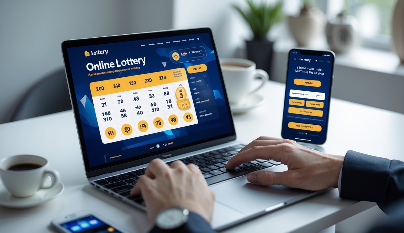 Seseorang sedang menggunakan laptop dan ponsel di meja kerja dengan cahaya alami, fokus pada aktivitas bermain togel online.