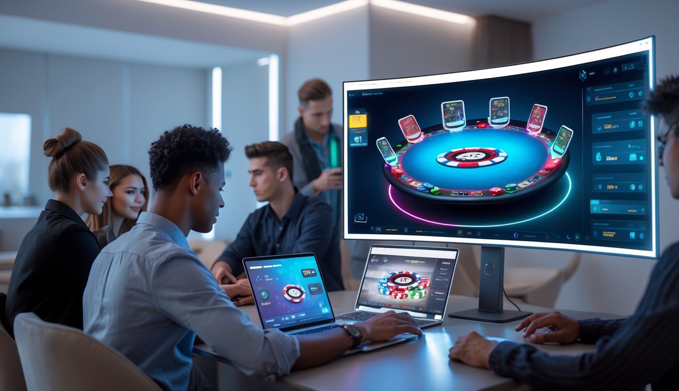 Sekelompok orang muda bermain poker online dengan perangkat digital di ruangan modern yang terang dan rapi.