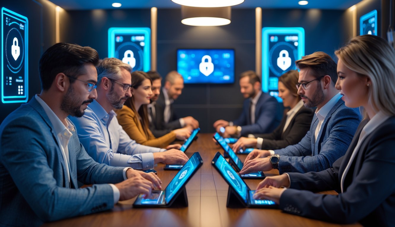 Sekelompok orang dewasa bermain poker online menggunakan perangkat digital di ruangan modern yang aman dan nyaman.