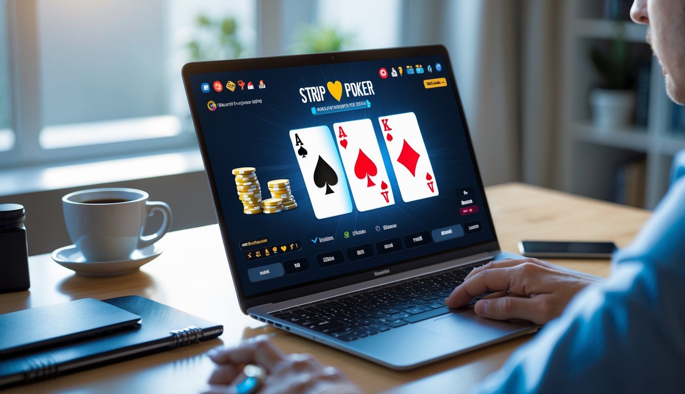 Seorang pemain menggunakan laptop di meja kerja dengan tampilan permainan poker online di layar, di ruang kerja yang rapi dan terang.