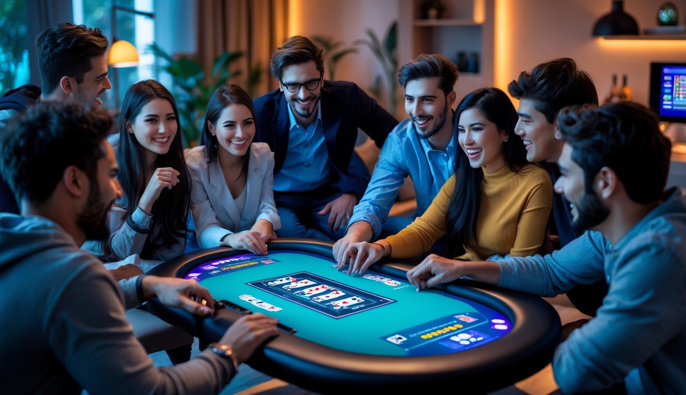 Sekelompok orang muda sedang bermain poker online secara interaktif di ruang tamu modern dengan meja poker digital.