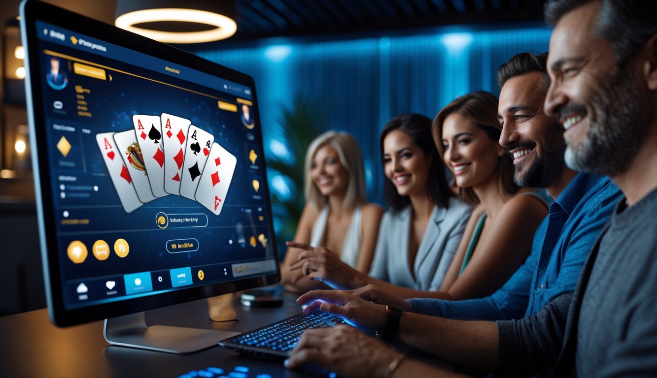 Sekelompok orang dewasa bermain poker online di ruangan dengan pencahayaan lembut dan suasana santai.