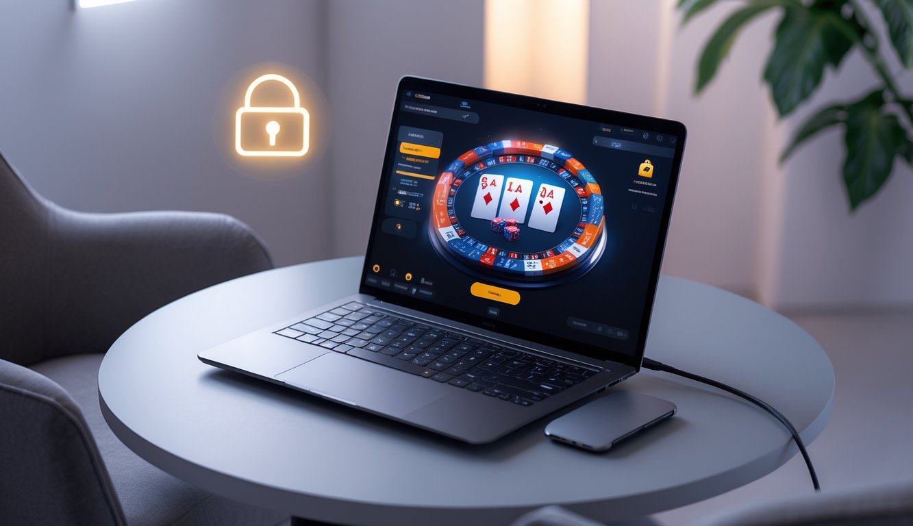 Seorang pemain duduk di depan komputer dengan permainan poker online yang terlihat di layar, suasana nyaman dan aman.