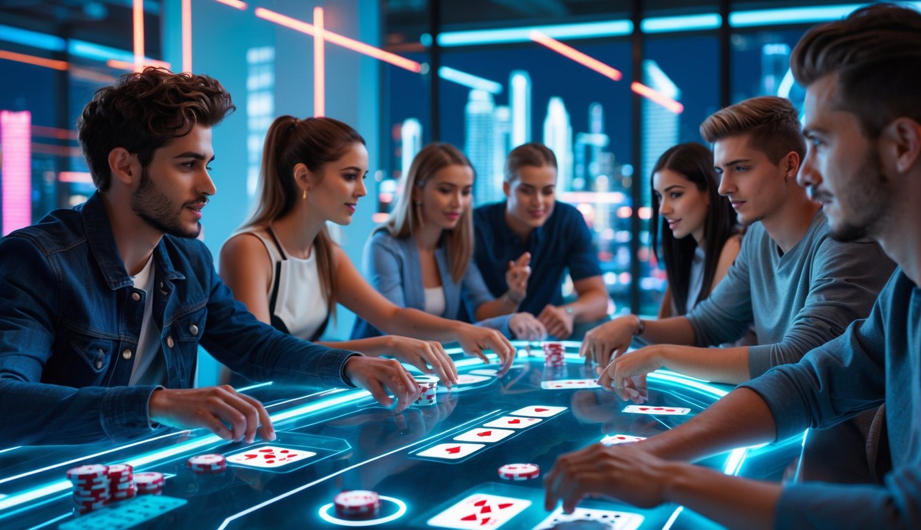 Sekelompok orang bermain poker online dengan teknologi futuristik di ruangan modern.