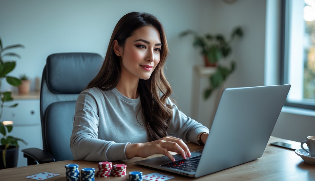 Seorang wanita muda bermain poker online dengan laptop di ruang kerja rumah yang nyaman dan rapi.