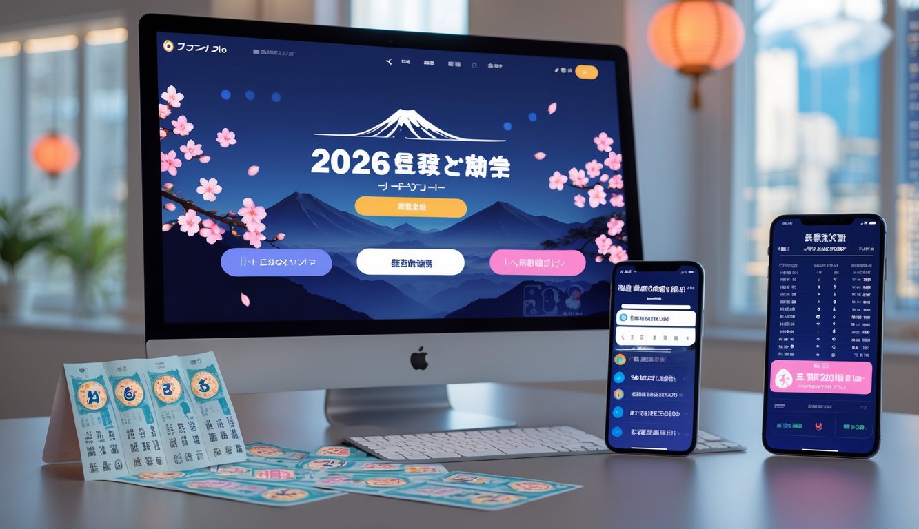 Sebuah ruang kerja modern dengan komputer dan ponsel yang menampilkan aplikasi hasil togel Jepang, dengan elemen budaya Jepang di latar belakang.