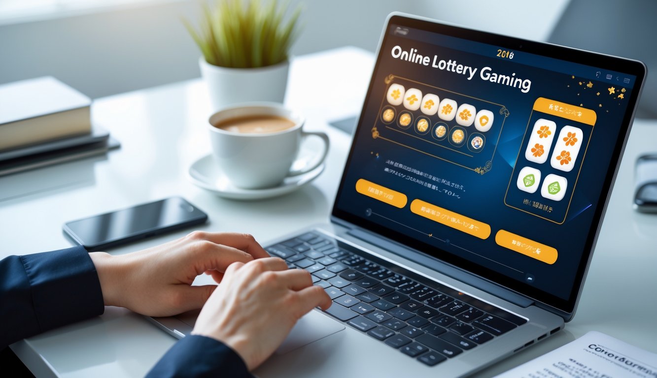 Seseorang menggunakan laptop di meja kerja yang rapi dengan tampilan antarmuka lotere online dan elemen Jepang, dikelilingi oleh kopi, ponsel, dan catatan.