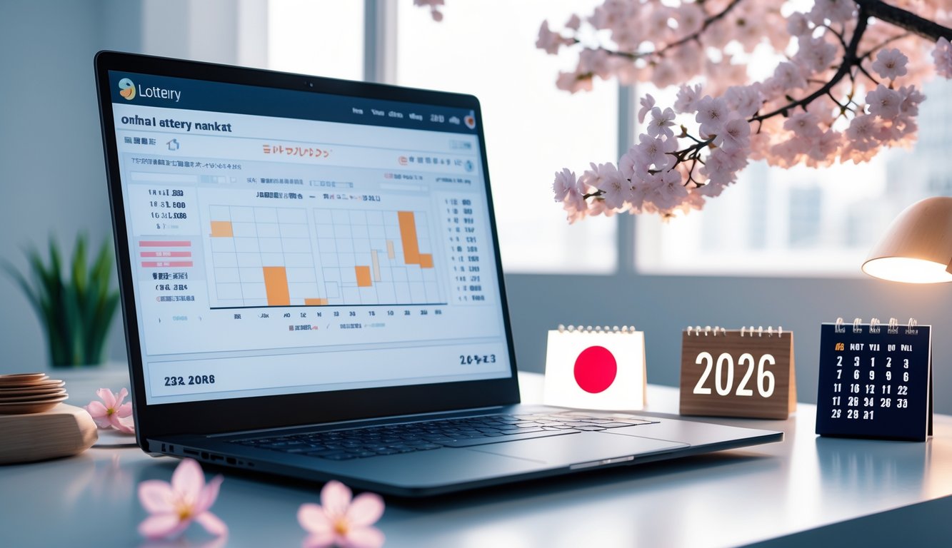 Meja kerja modern dengan laptop yang menampilkan antarmuka lotere digital dan elemen khas Jepang seperti bendera kecil dan bunga sakura.