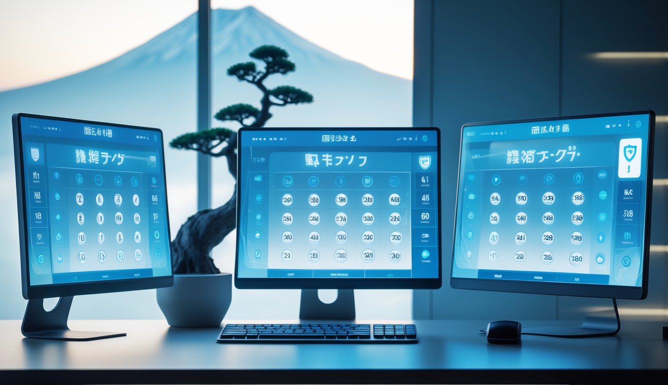 Sebuah meja komputer modern dengan layar transparan menampilkan angka lotere digital dan simbol keamanan, dengan latar belakang elemen budaya Jepang seperti pohon bonsai dan Gunung Fuji.