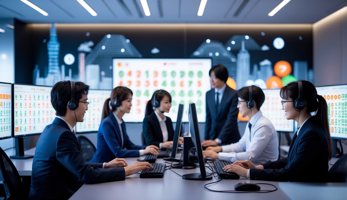 Sejumlah profesional muda bekerja bersama di kantor modern dengan komputer dan layar menampilkan angka lotere digital, latar belakang menampilkan pemandangan kota Tokyo yang samar.