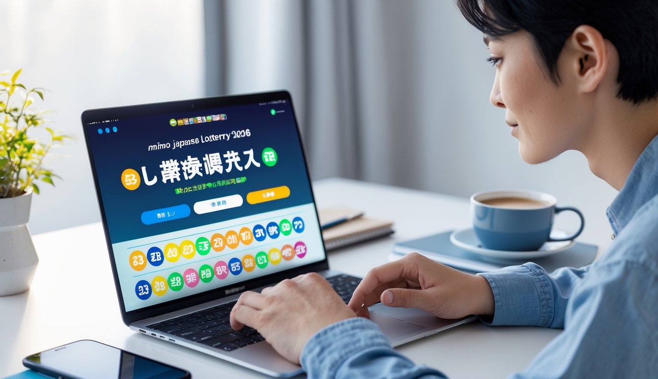 Seseorang sedang menggunakan laptop di meja kerja dengan tema permainan lotere Jepang secara online.