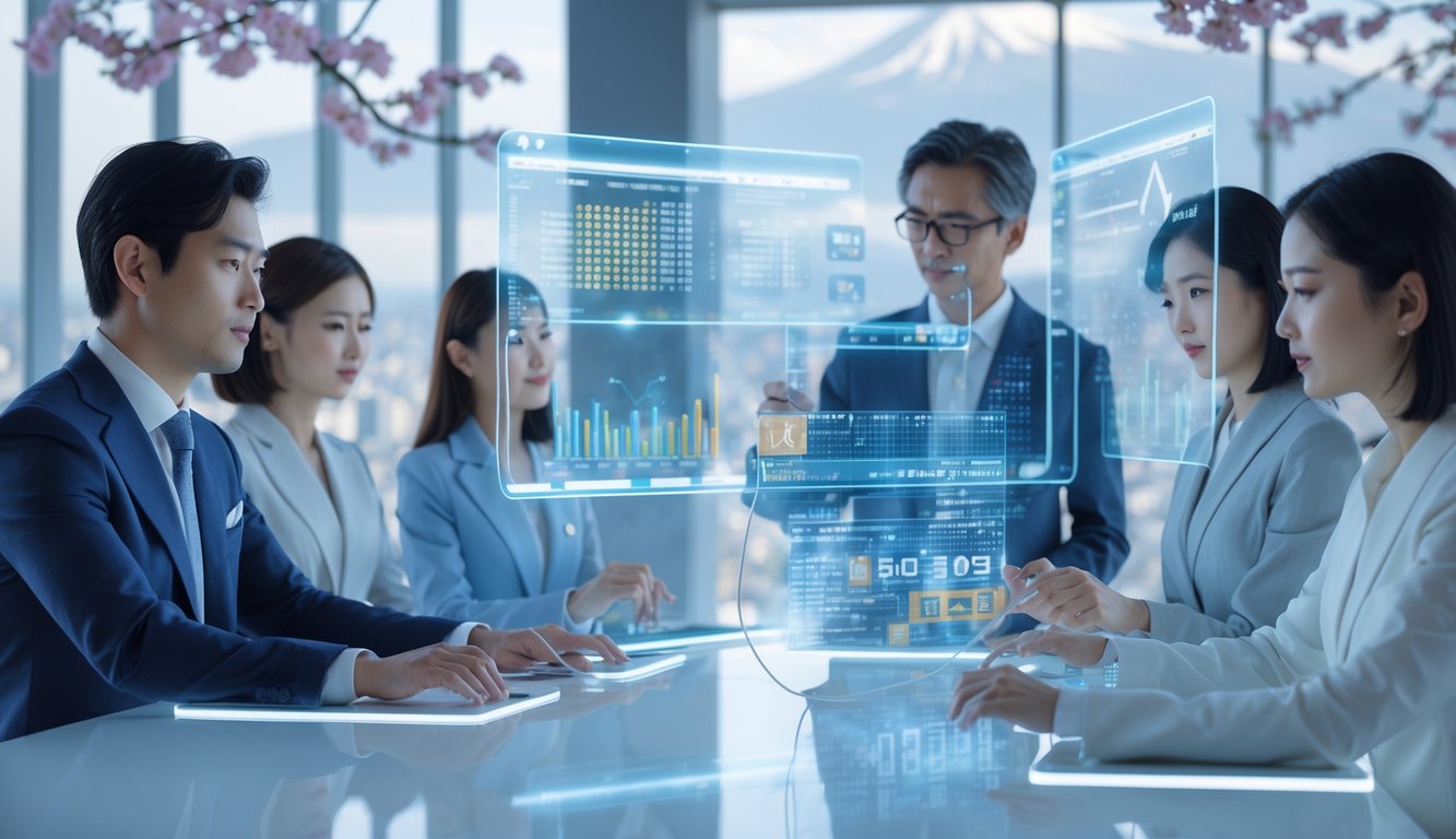 Orang-orang profesional sedang bekerja dengan layar digital transparan yang menampilkan data hasil togel Jepang terbaru di sebuah ruang kerja modern.