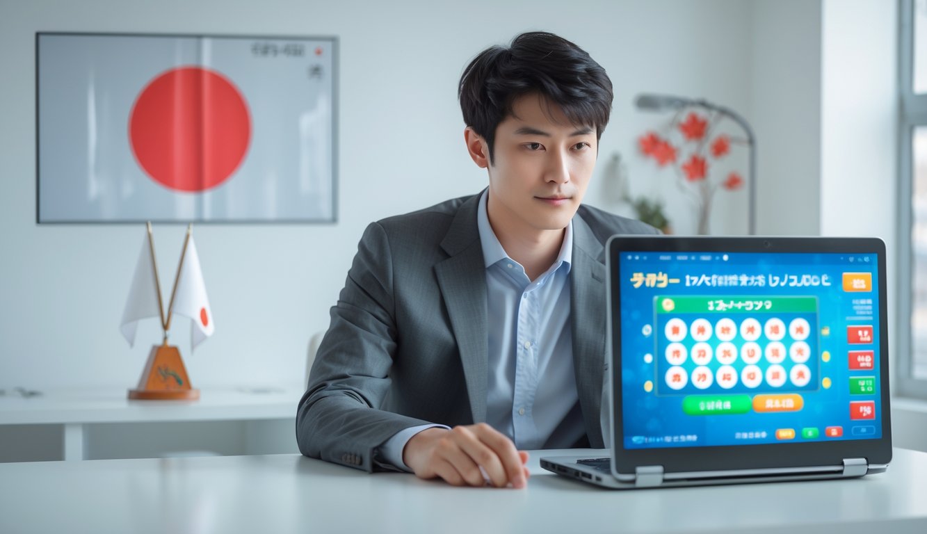 Seorang dewasa muda duduk di meja dengan laptop, fokus bermain permainan lotere online dengan suasana yang tenang dan aman.