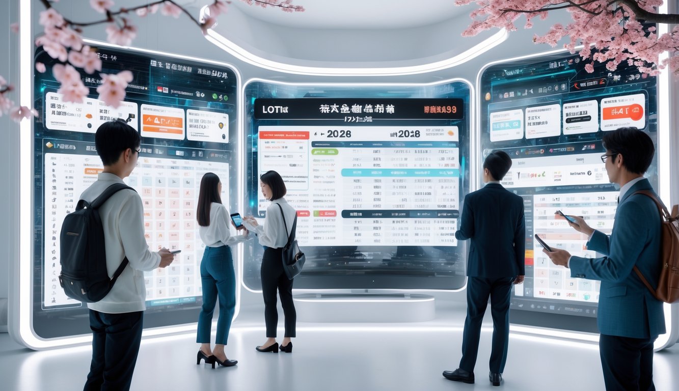 Orang-orang menggunakan layar digital transparan untuk bermain togel Jepang dalam ruangan modern dengan elemen budaya Jepang di latar belakang.