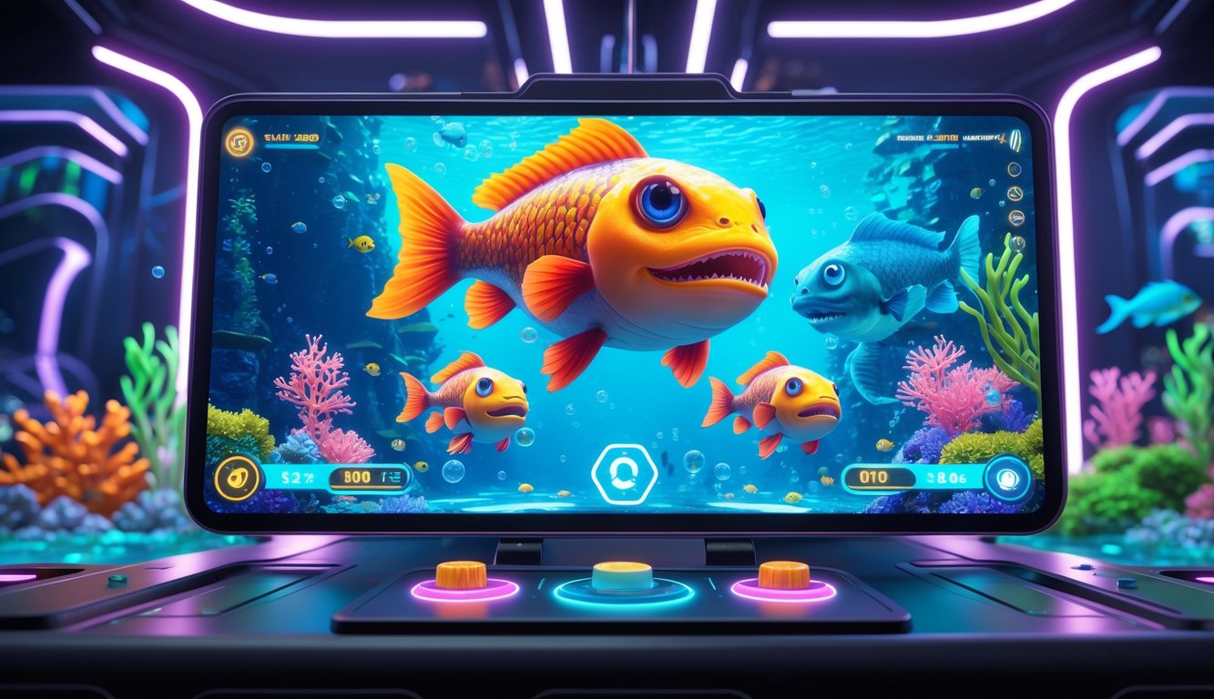 Layar komputer menampilkan permainan tembak ikan monster dengan grafis warna-warni dan suasana bawah laut yang hidup.