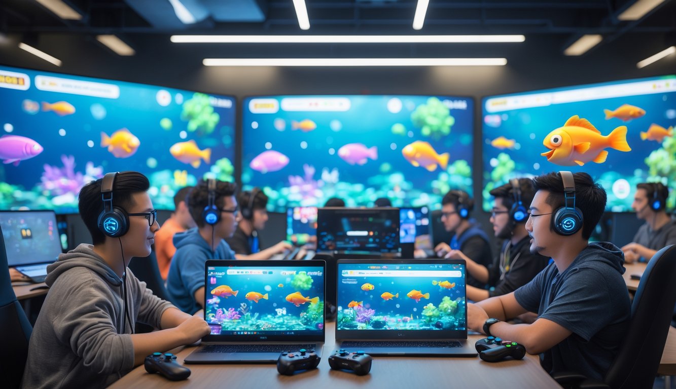 Beberapa orang bermain game tembak ikan monster secara online menggunakan perangkat digital di sebuah ruangan modern.