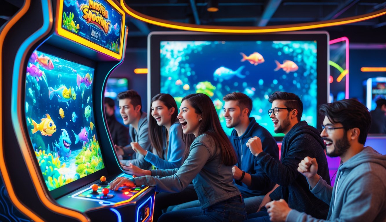 Sekelompok orang muda bermain permainan tembak ikan monster di mesin arcade digital dengan latar belakang lounge permainan modern.