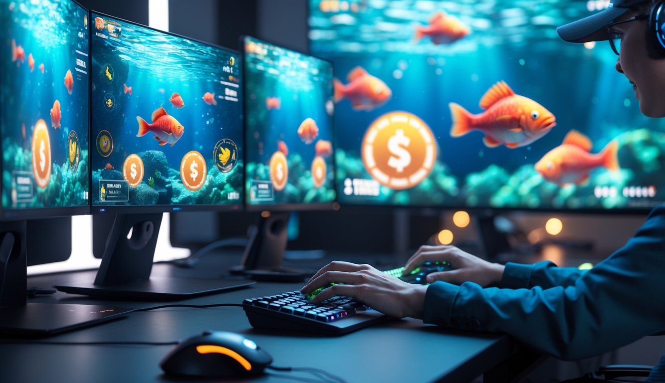 Seorang pemain sedang menggunakan komputer dengan layar menampilkan permainan tembak ikan monster online dengan gambar ikan dan simbol jackpot.