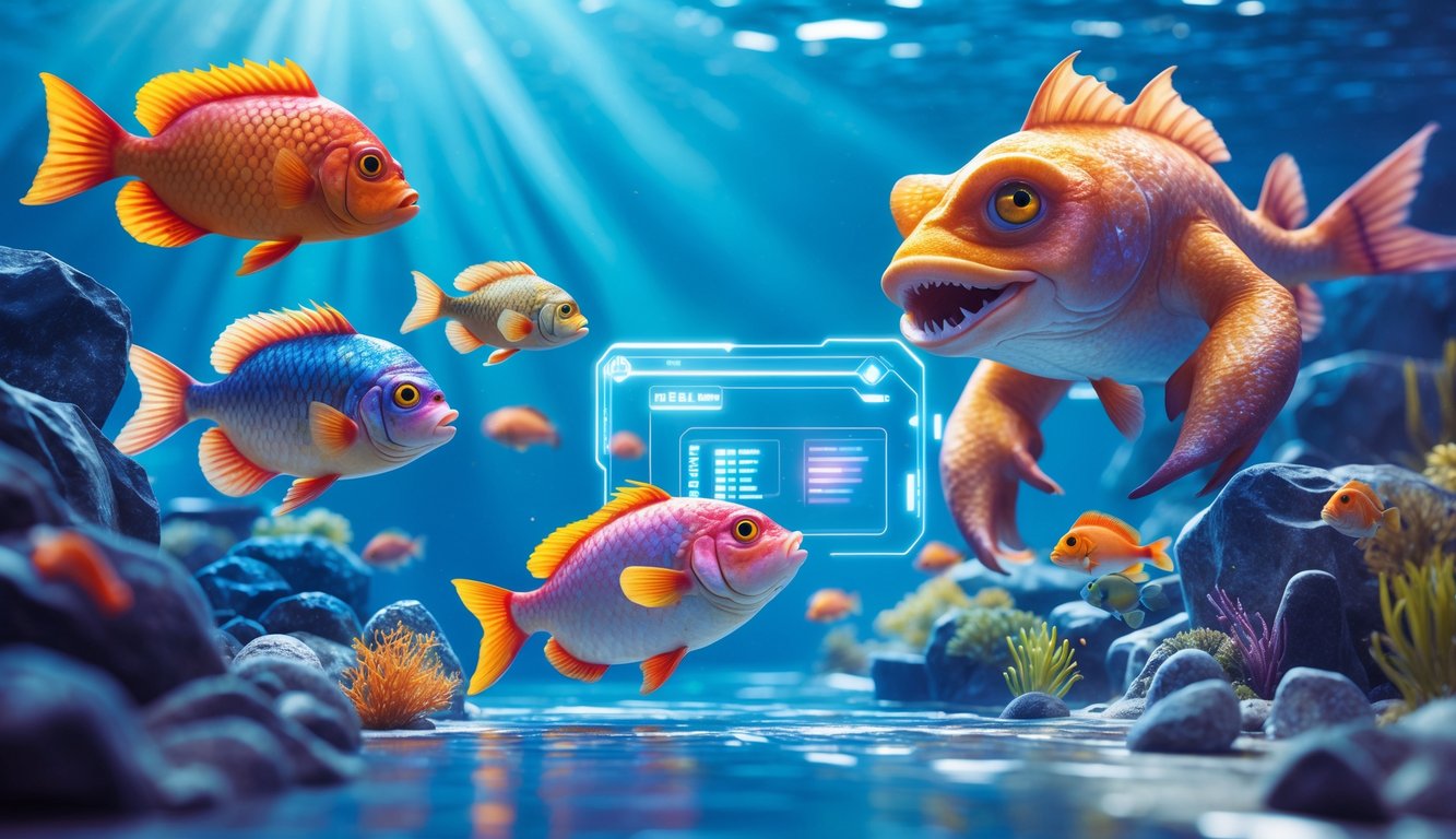 Adegan bawah laut dengan ikan berwarna-warni dan makhluk laut besar dalam suasana permainan digital yang menarik.