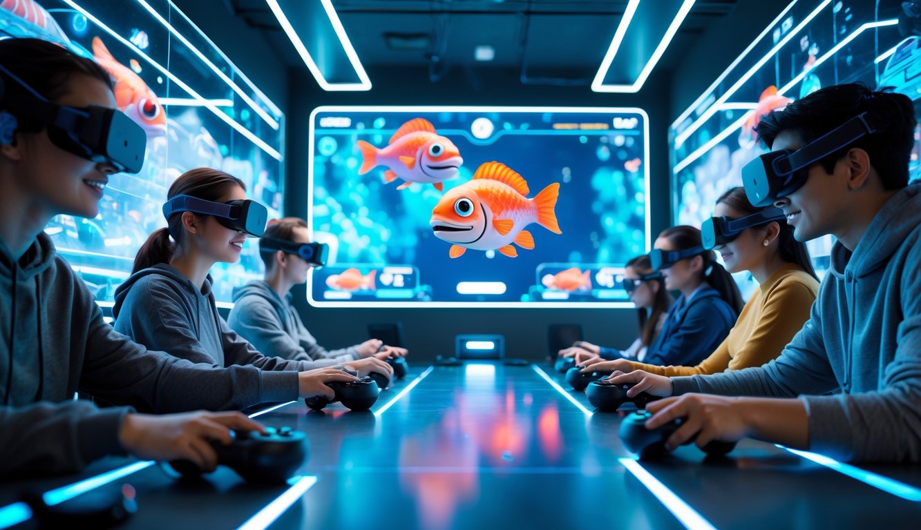 Beberapa orang muda sedang bermain game ikan monster digital dengan layar holografik dan perangkat teknologi canggih di ruangan berlampu biru neon.
