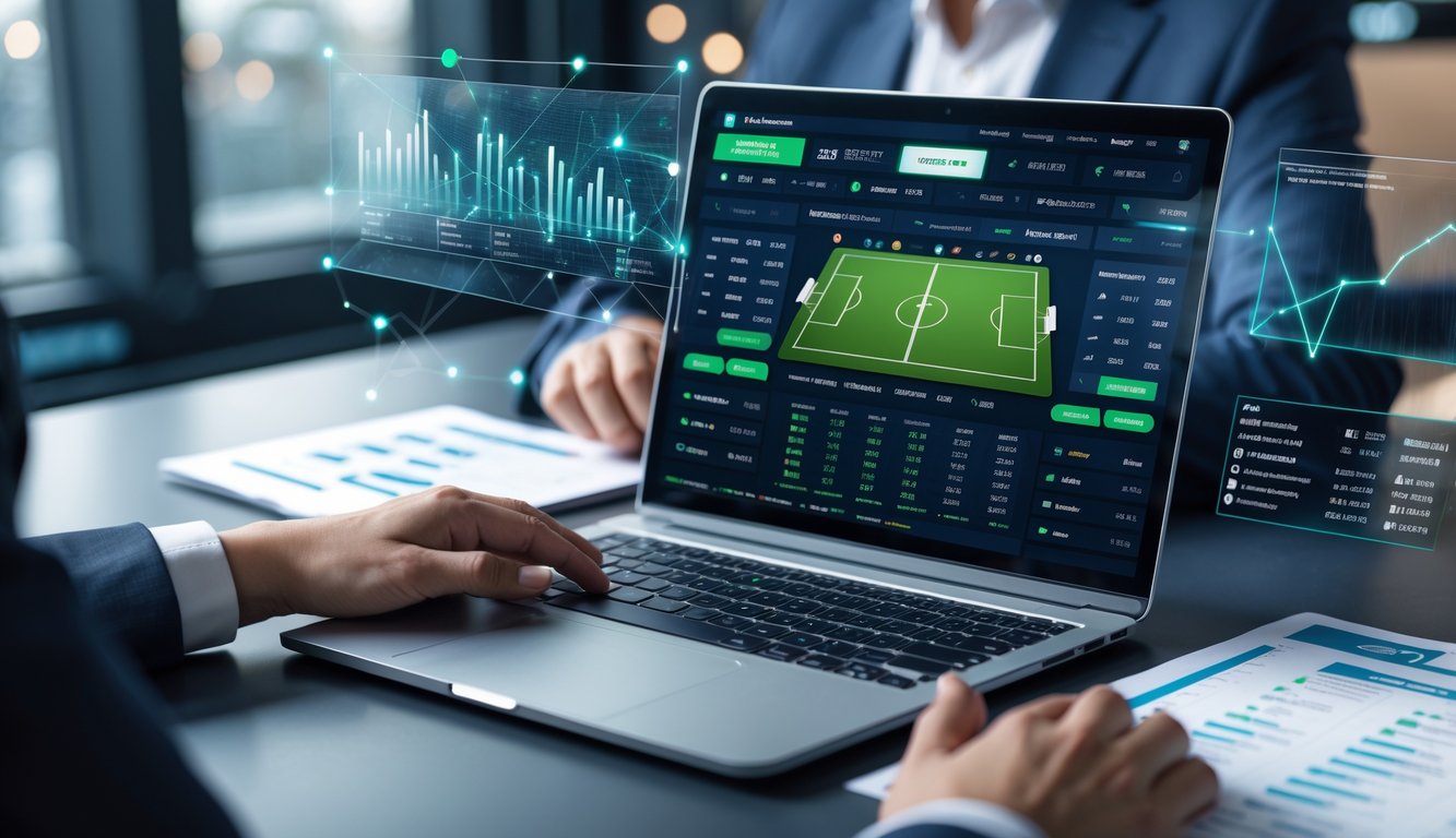 Seorang profesional sedang menggunakan laptop dengan tampilan taruhan sepak bola online, dikelilingi oleh grafik dan dokumen yang menunjukkan analisis dan regulasi.