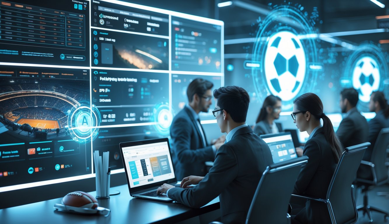 Sebuah ruang kerja modern dengan beberapa layar besar menampilkan statistik pertandingan sepak bola dan data analitik, di mana beberapa orang sedang menganalisis informasi menggunakan laptop dan tablet.