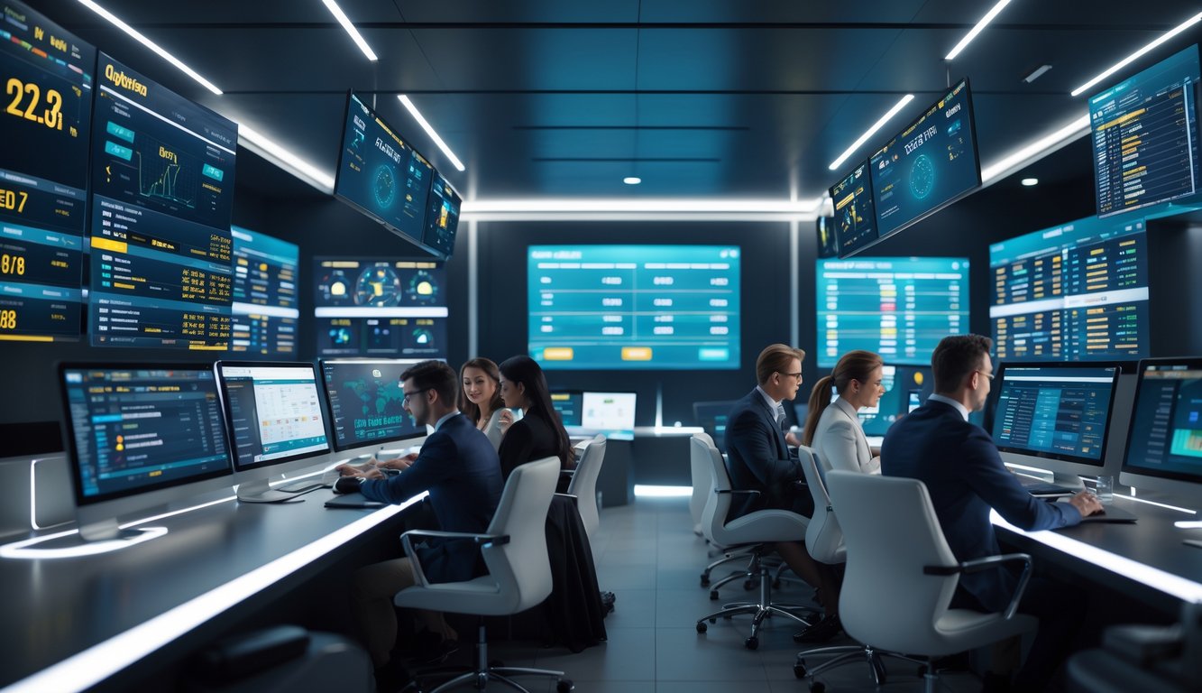 Orang-orang bekerja dengan komputer dan layar menampilkan data taruhan bola online dan grafik di ruangan modern.