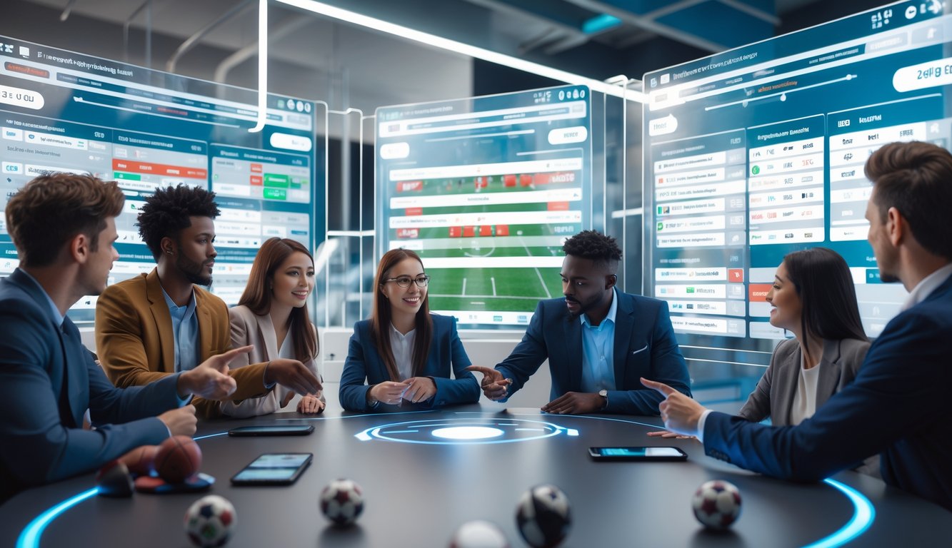 Sekelompok orang muda sedang melihat layar digital besar yang menampilkan pertandingan sepak bola dan peluang taruhan dalam ruangan modern.