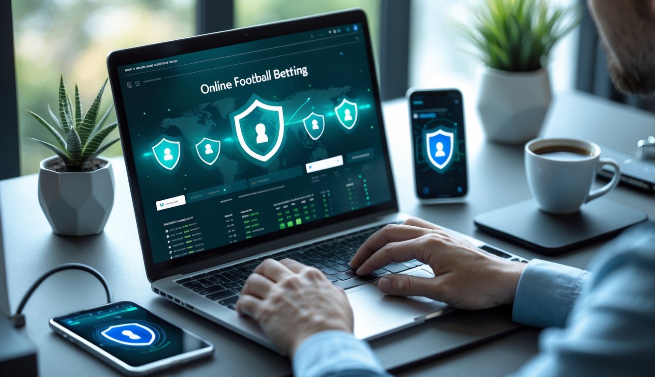 Seseorang menggunakan laptop di meja kerja dengan layar menampilkan situs taruhan bola online yang aman, dikelilingi oleh ikon keamanan digital dan perangkat teknologi.