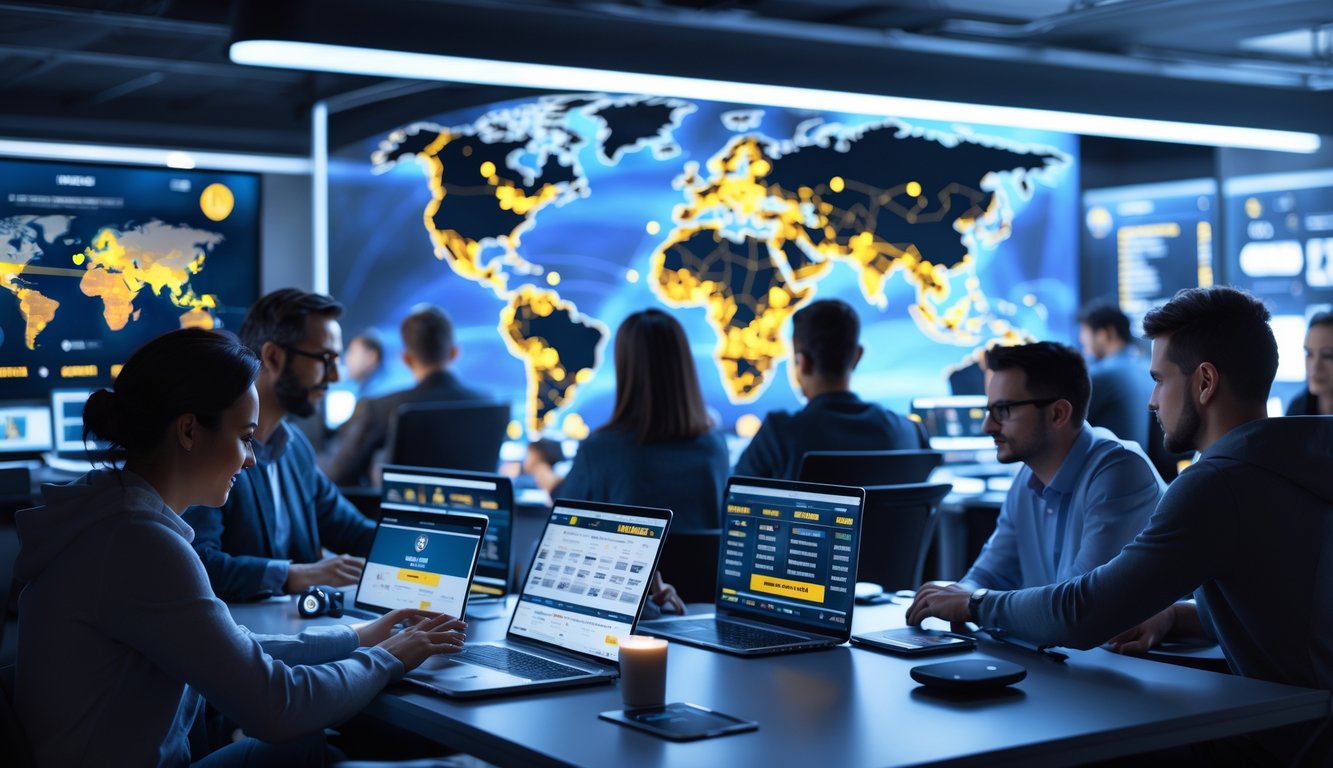 Orang-orang menggunakan perangkat digital untuk bertaruh pada pertandingan sepak bola secara online dengan latar peta dunia dan elemen teknologi.